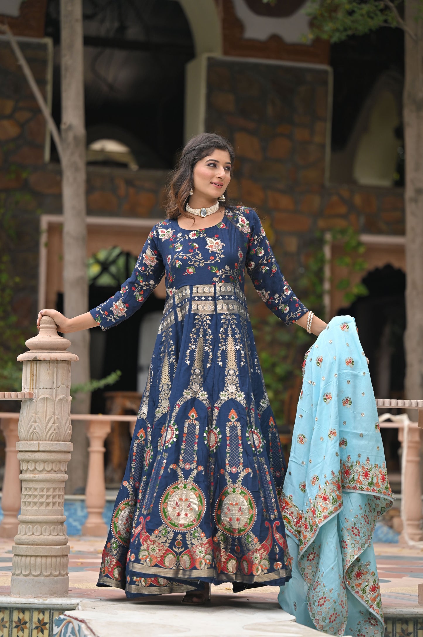 Melodic Blue Banarasi Silk Dress
