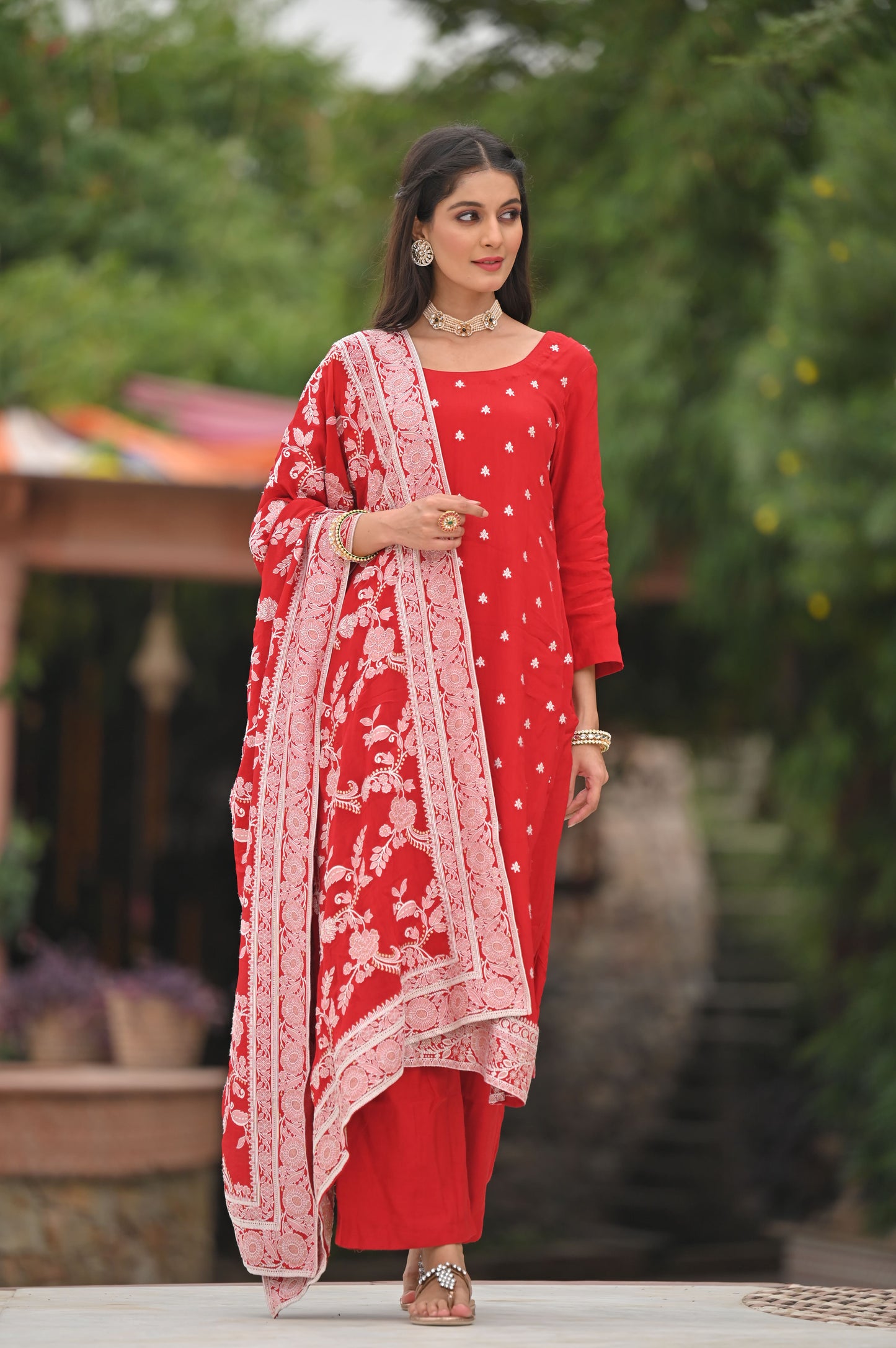 Scarlet Snowfall Crepe Suit Set