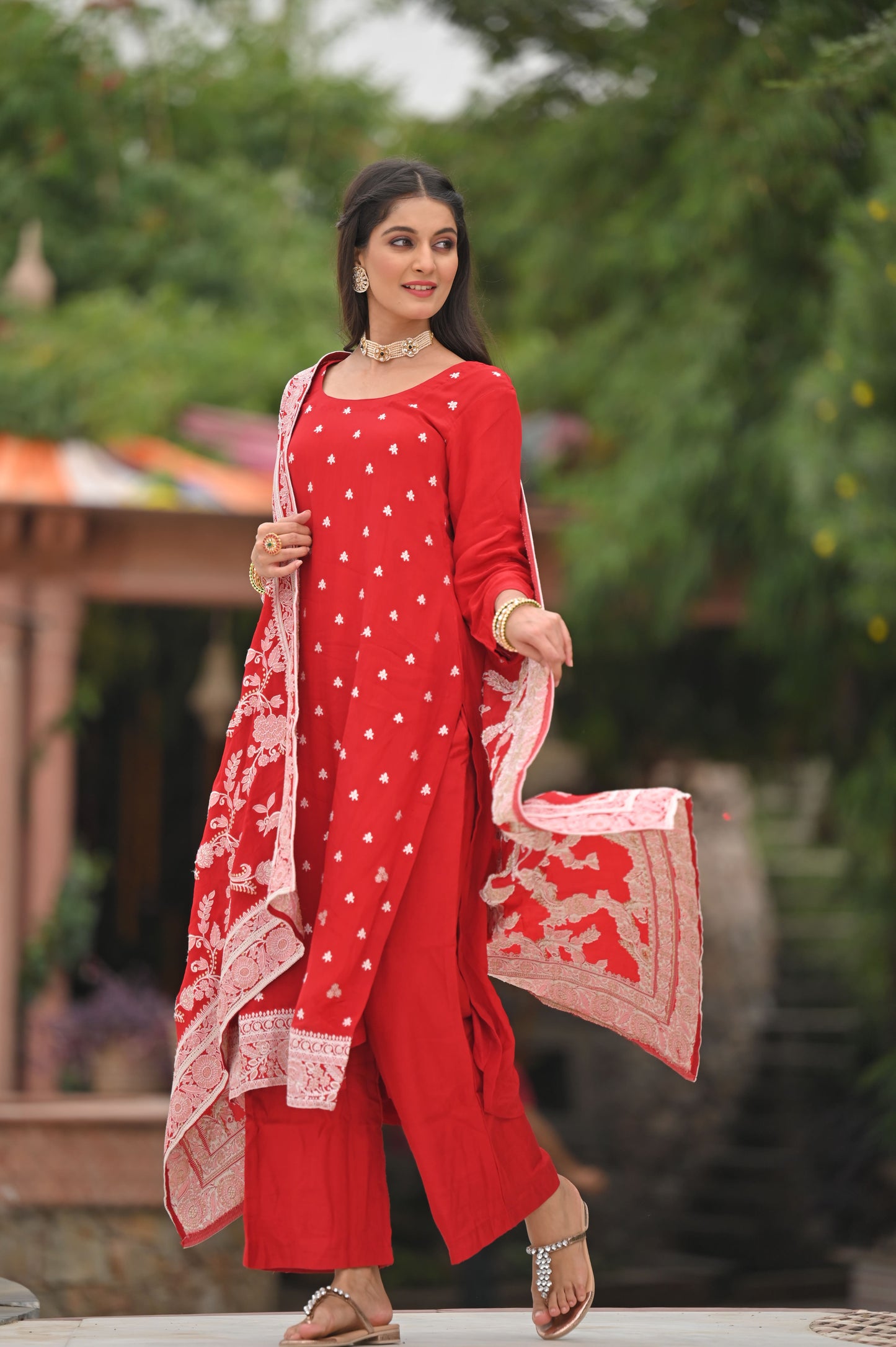 Scarlet Snowfall Crepe Suit Set
