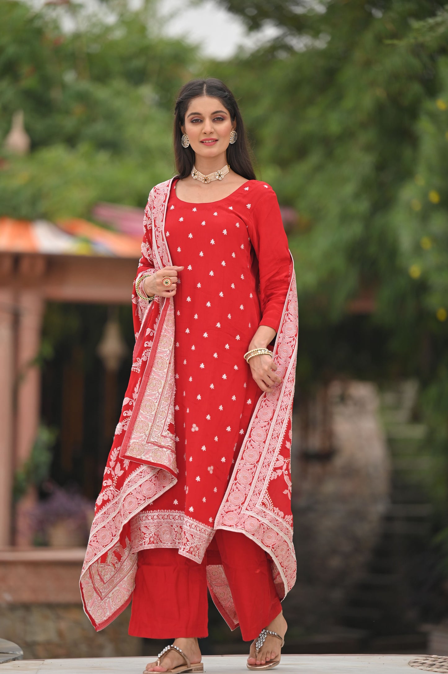 Scarlet Snowfall Crepe Suit Set