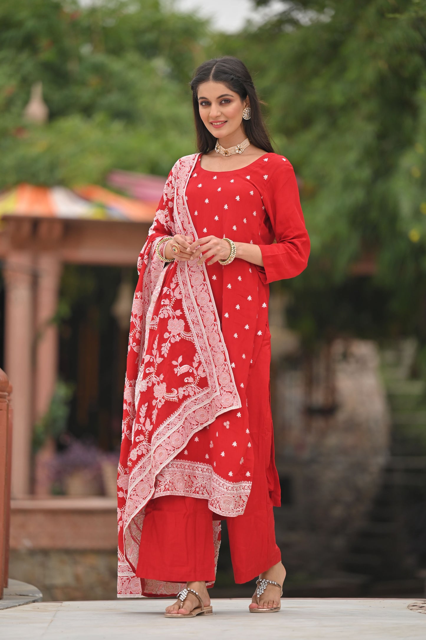 Scarlet Snowfall Crepe Suit Set