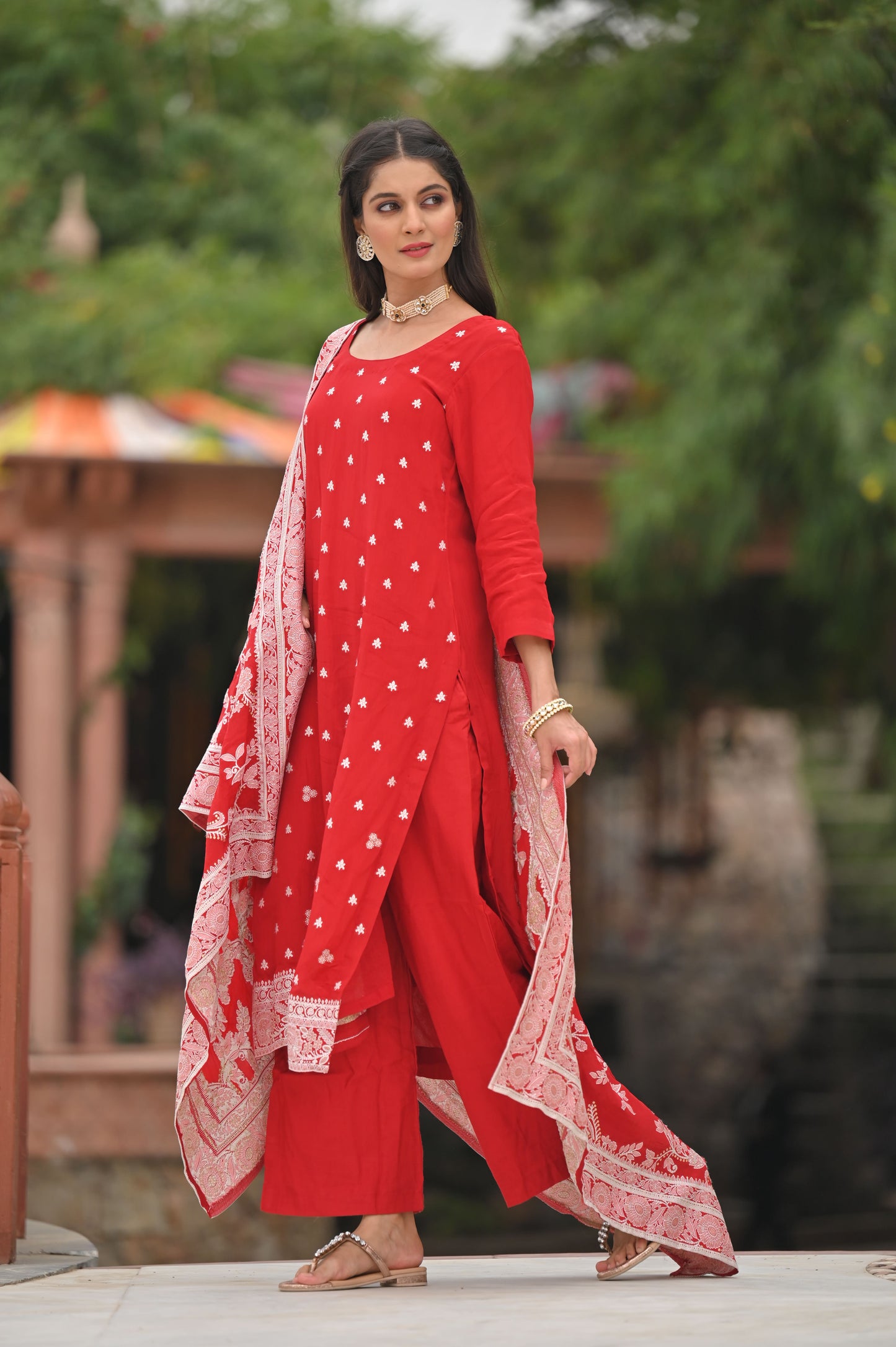 Scarlet Snowfall Crepe Suit Set