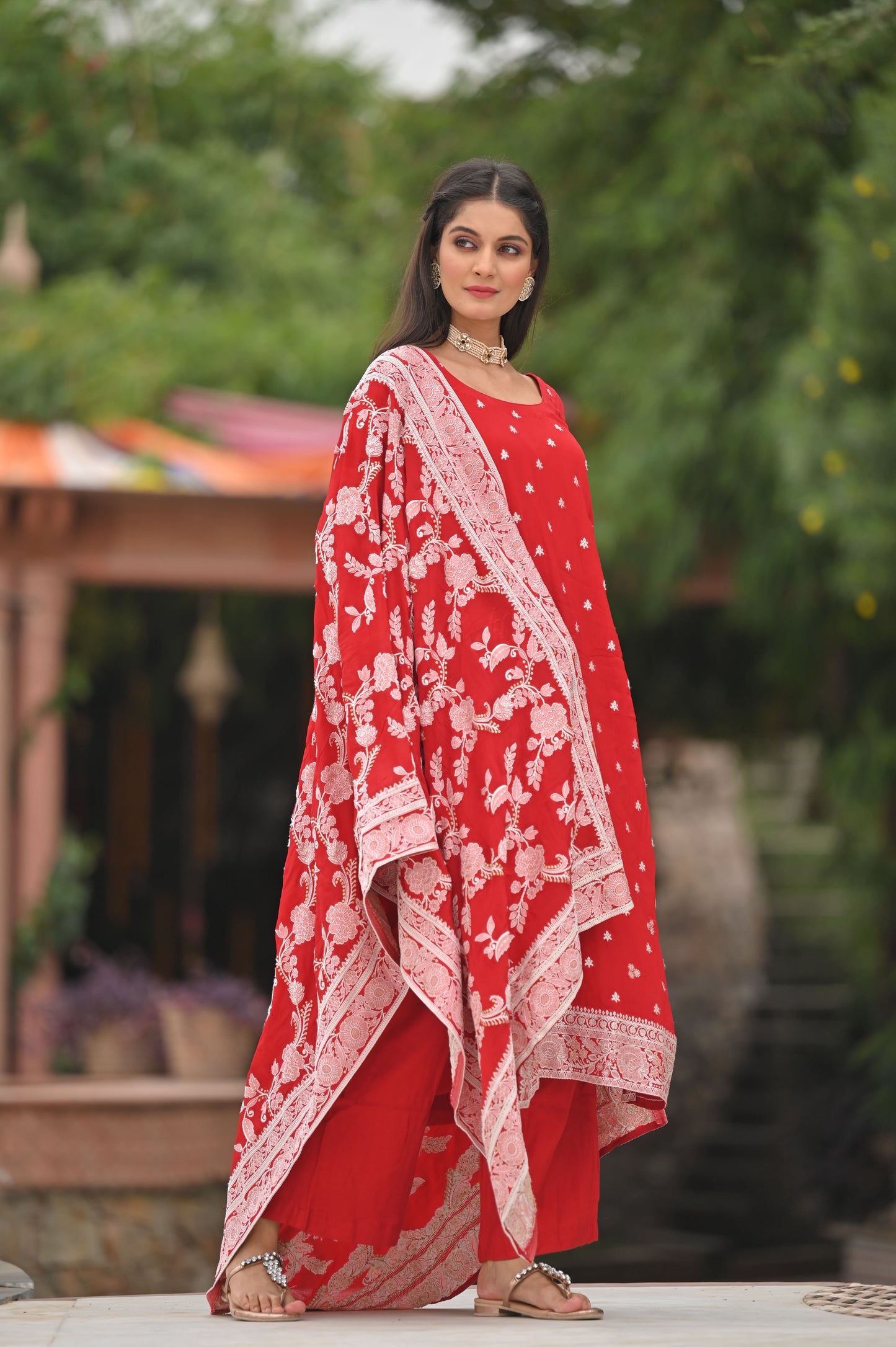 Scarlet Snowfall Crepe Suit Set