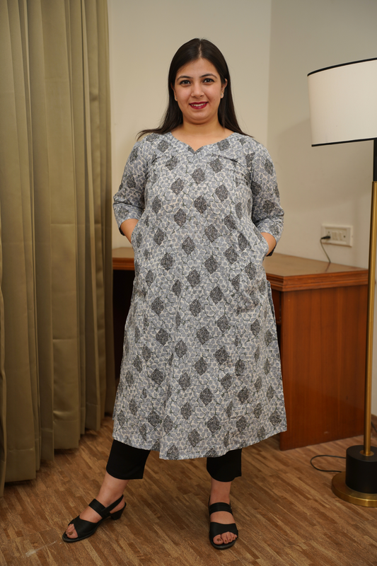 Grey Printed A-line Kurta