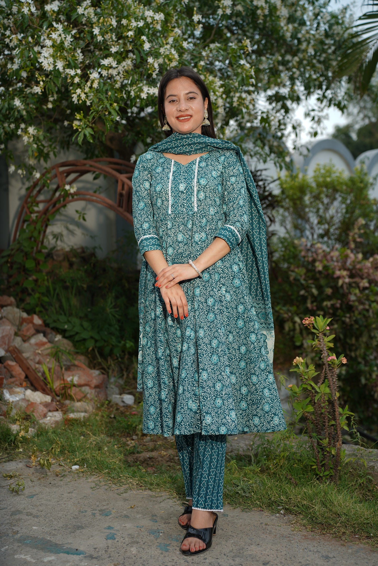 Peacock Blue Jaal Print Suit Set