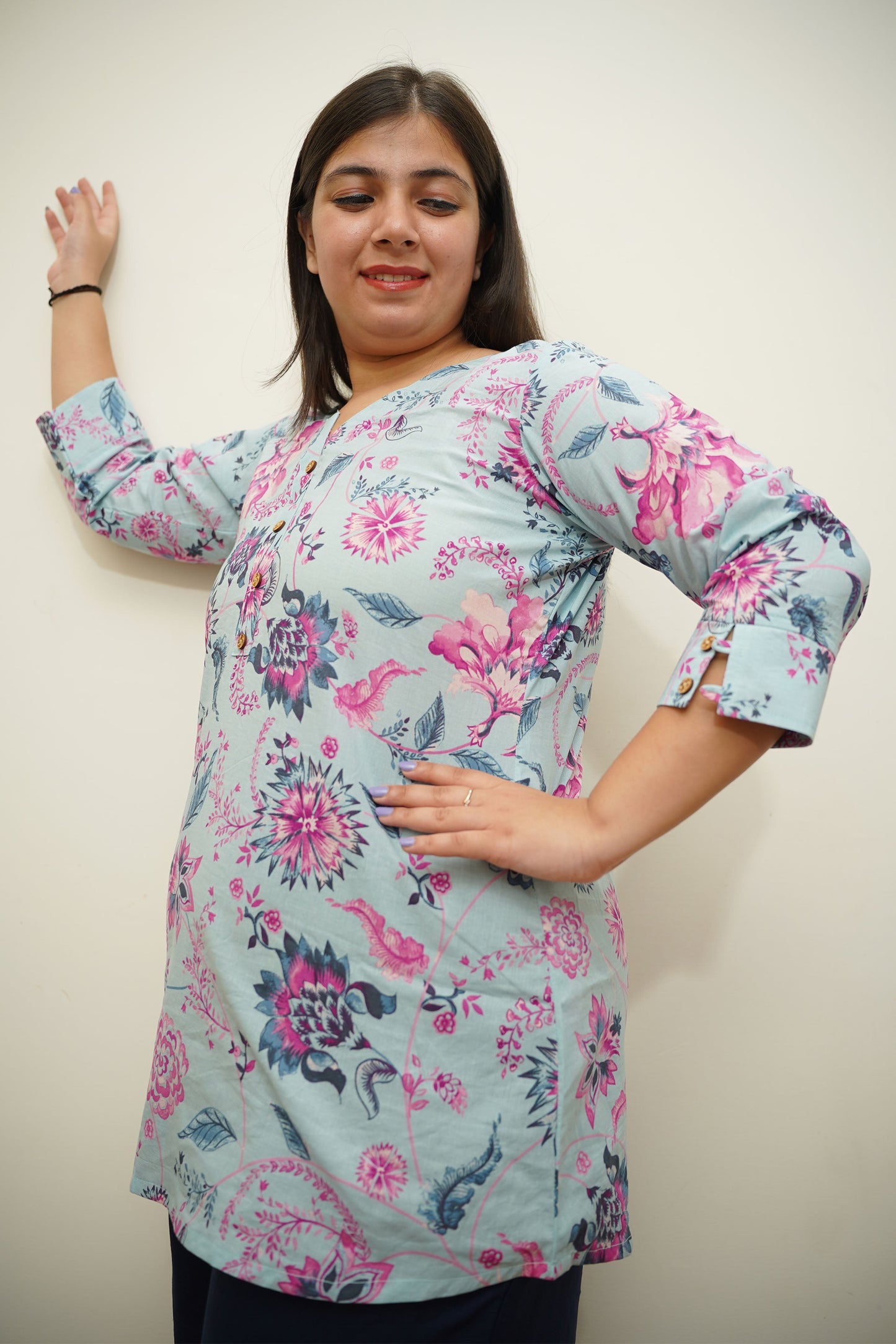 Sky Floral Printed Cotton Kurta