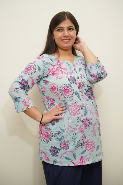 Sky Floral Printed Cotton Kurta