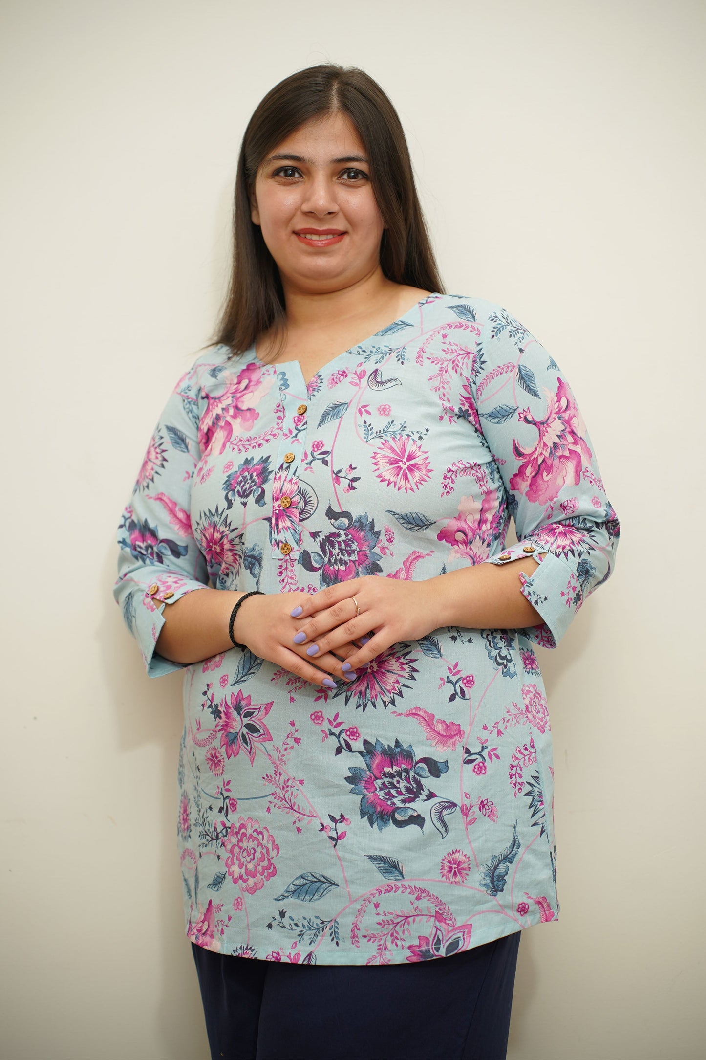 Sky Floral Printed Cotton Kurta