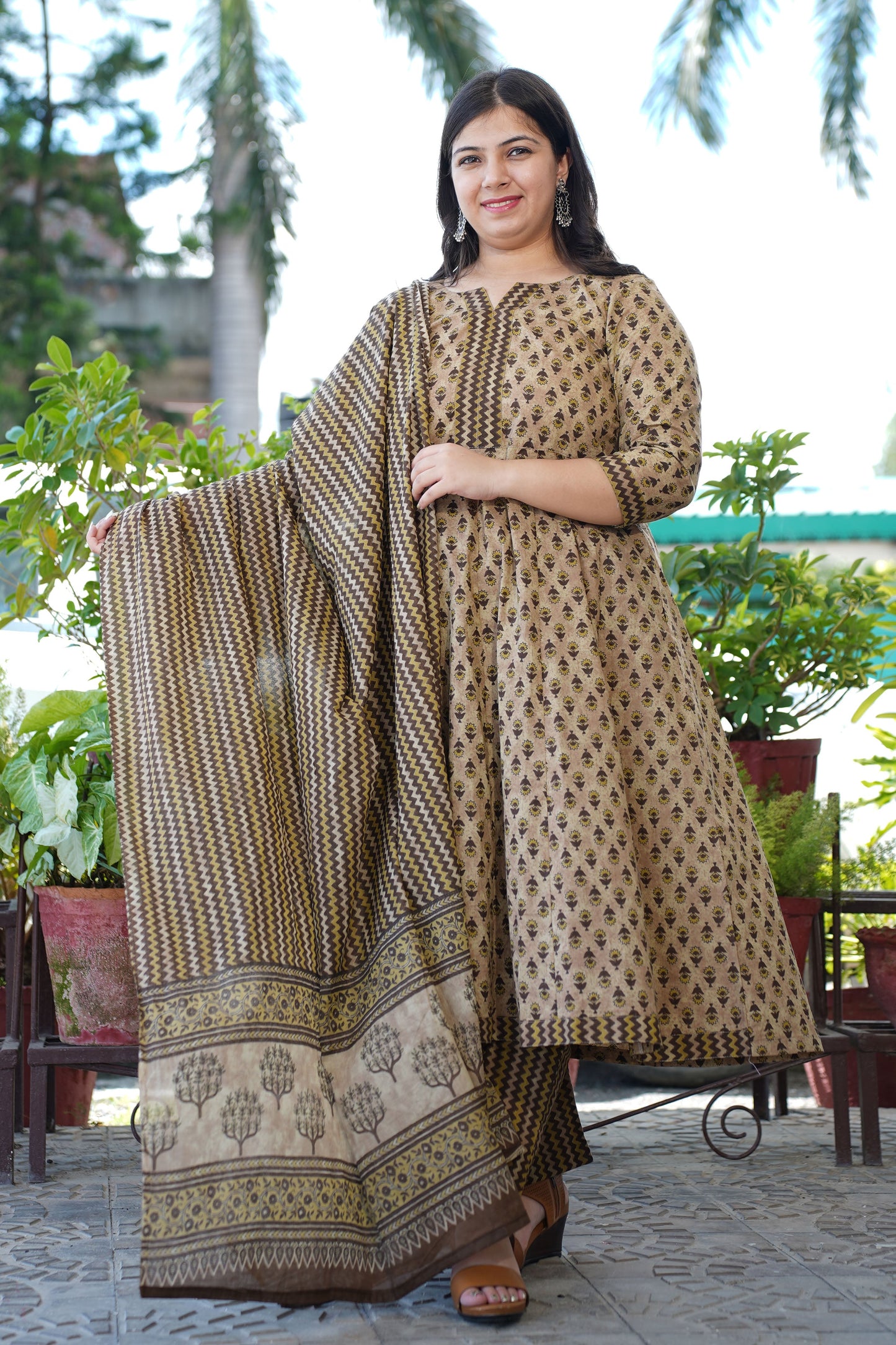 Earthy Ajrakh Cotton Anarkali Set