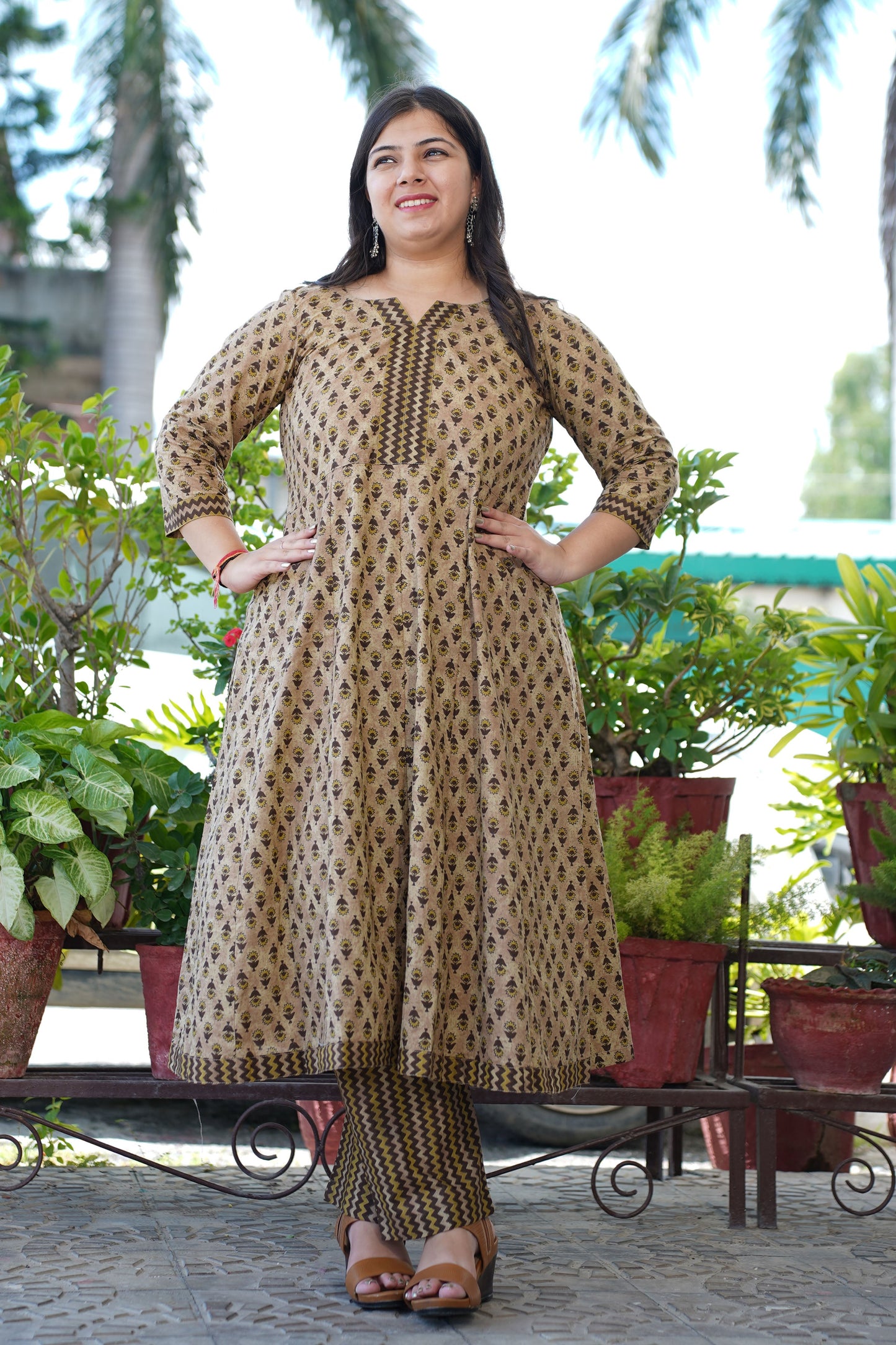 Earthy Ajrakh Cotton Anarkali Set