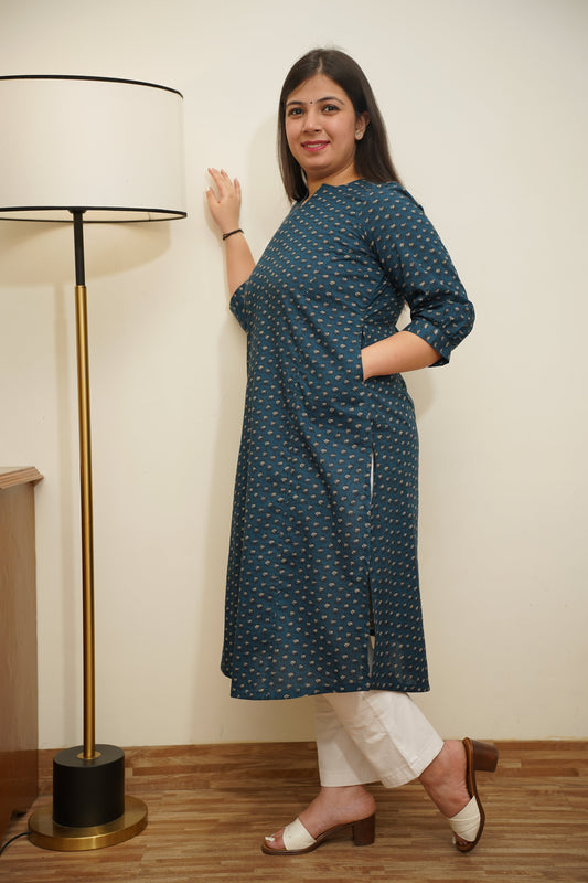 Peacock Blue A-line Cotton Kurta