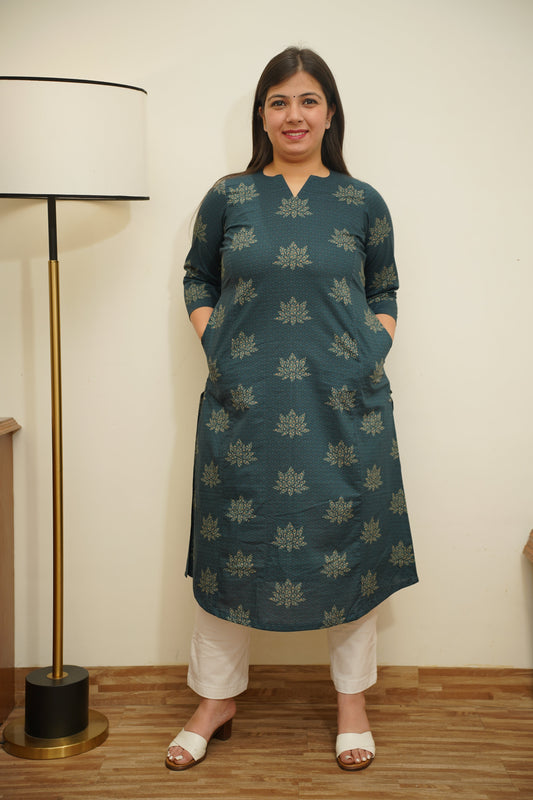 Peacock Green Foiled Cotton Kurta