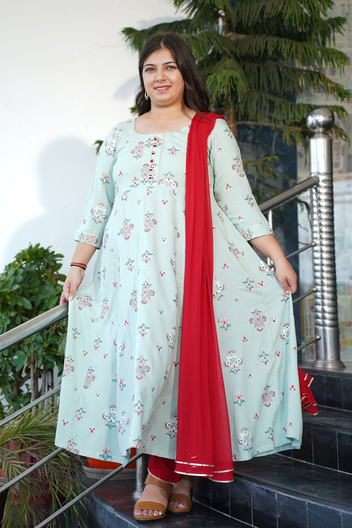 Pista Foiled Rayon Anarkali Set