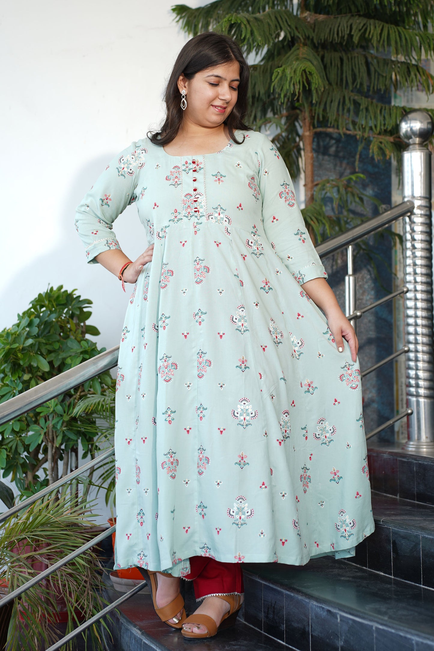 Pista Foiled Rayon Anarkali Set