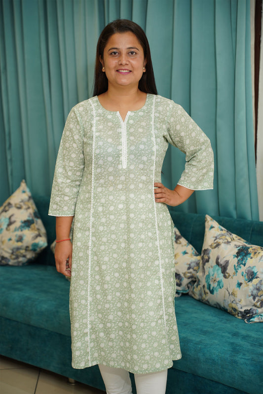 Pista Floral A-line Cotton Kurta