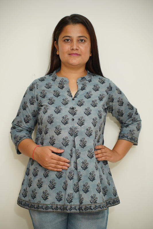 Denim Blue Printed Short Kurta