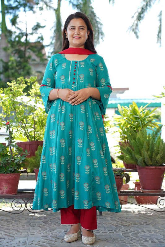 Teal Foiled Rayon Anarkali Set