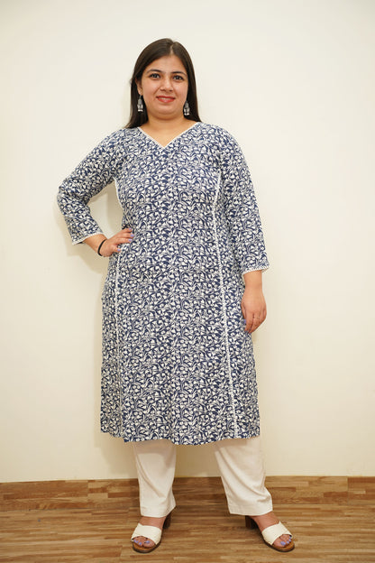 Navy Floral A-Line Rayon Kurta
