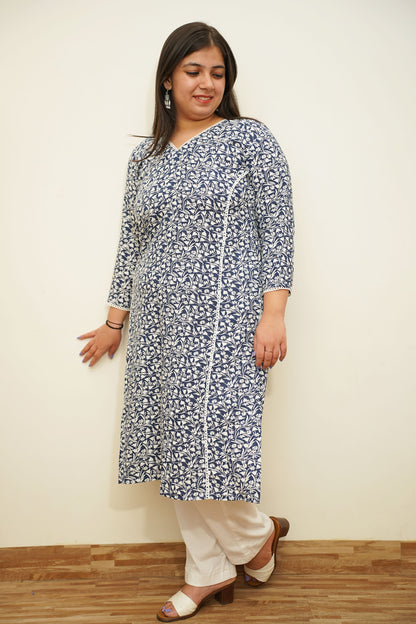 Navy Floral A-Line Rayon Kurta
