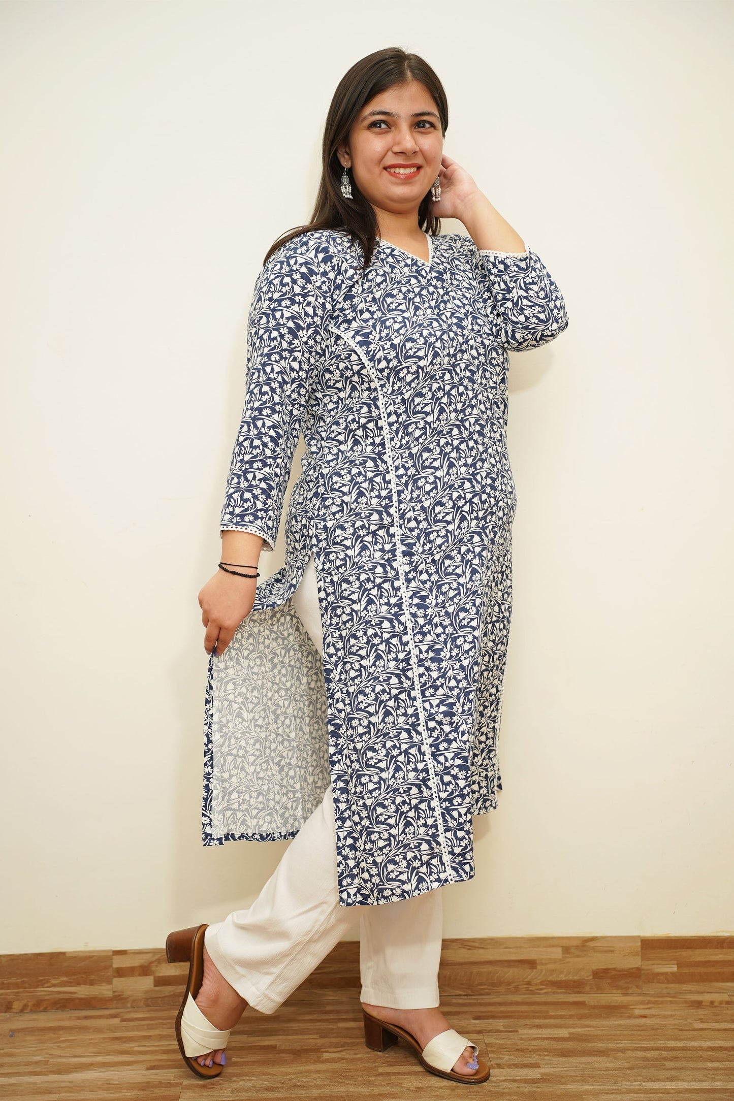 Navy Floral A-Line Rayon Kurta