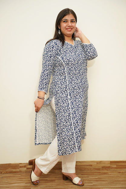 Navy Floral A-Line Rayon Kurta