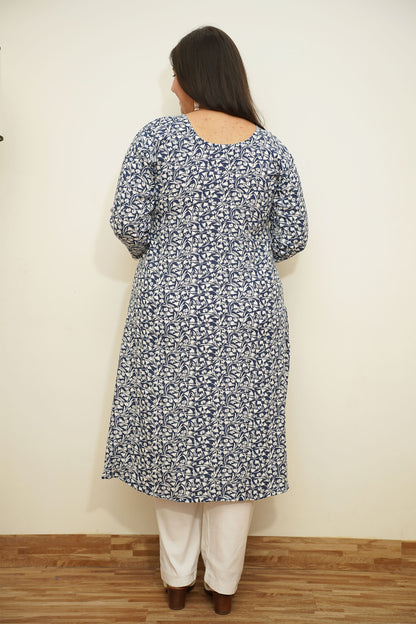 Navy Floral A-Line Rayon Kurta