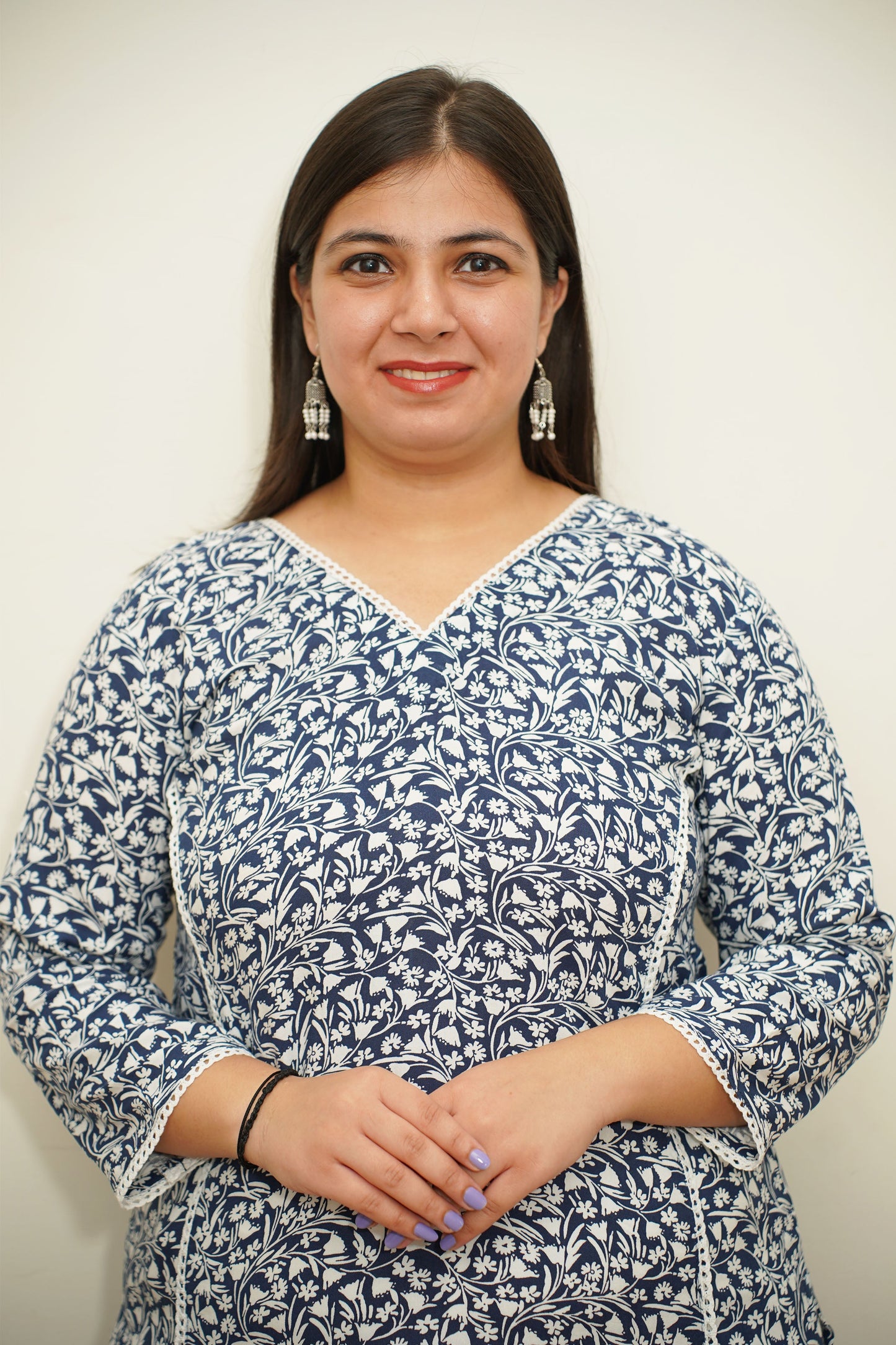 Navy Floral A-Line Rayon Kurta