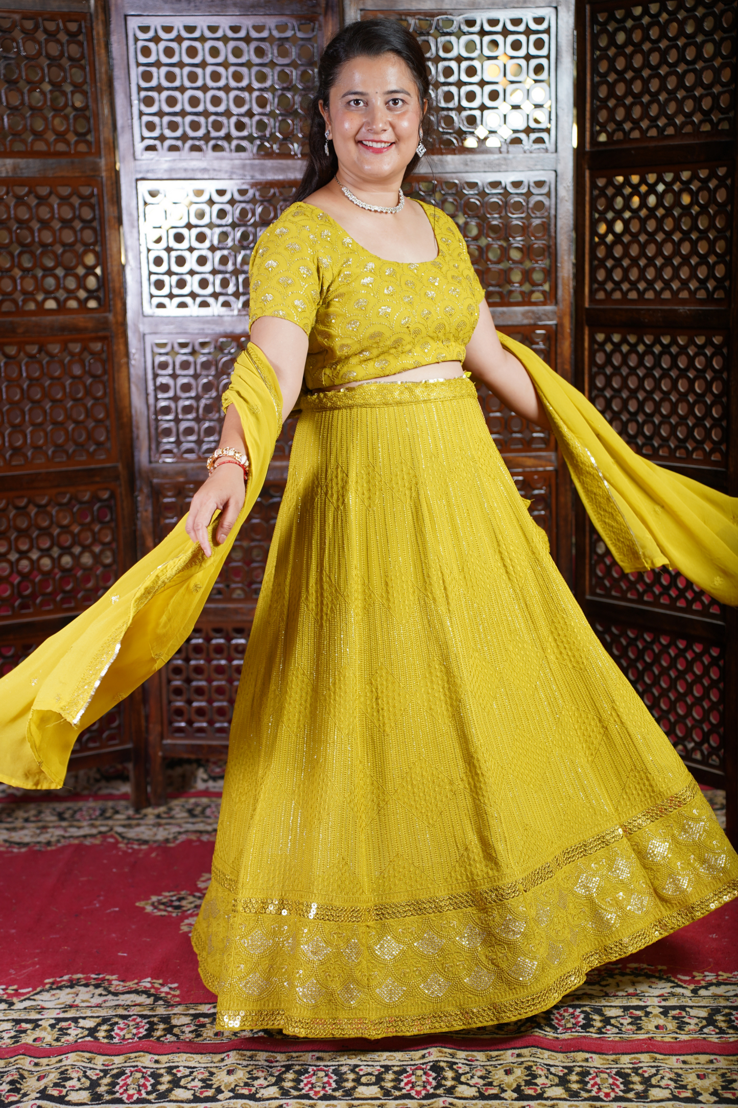 Olive Sequin Georgette Lehenga Set