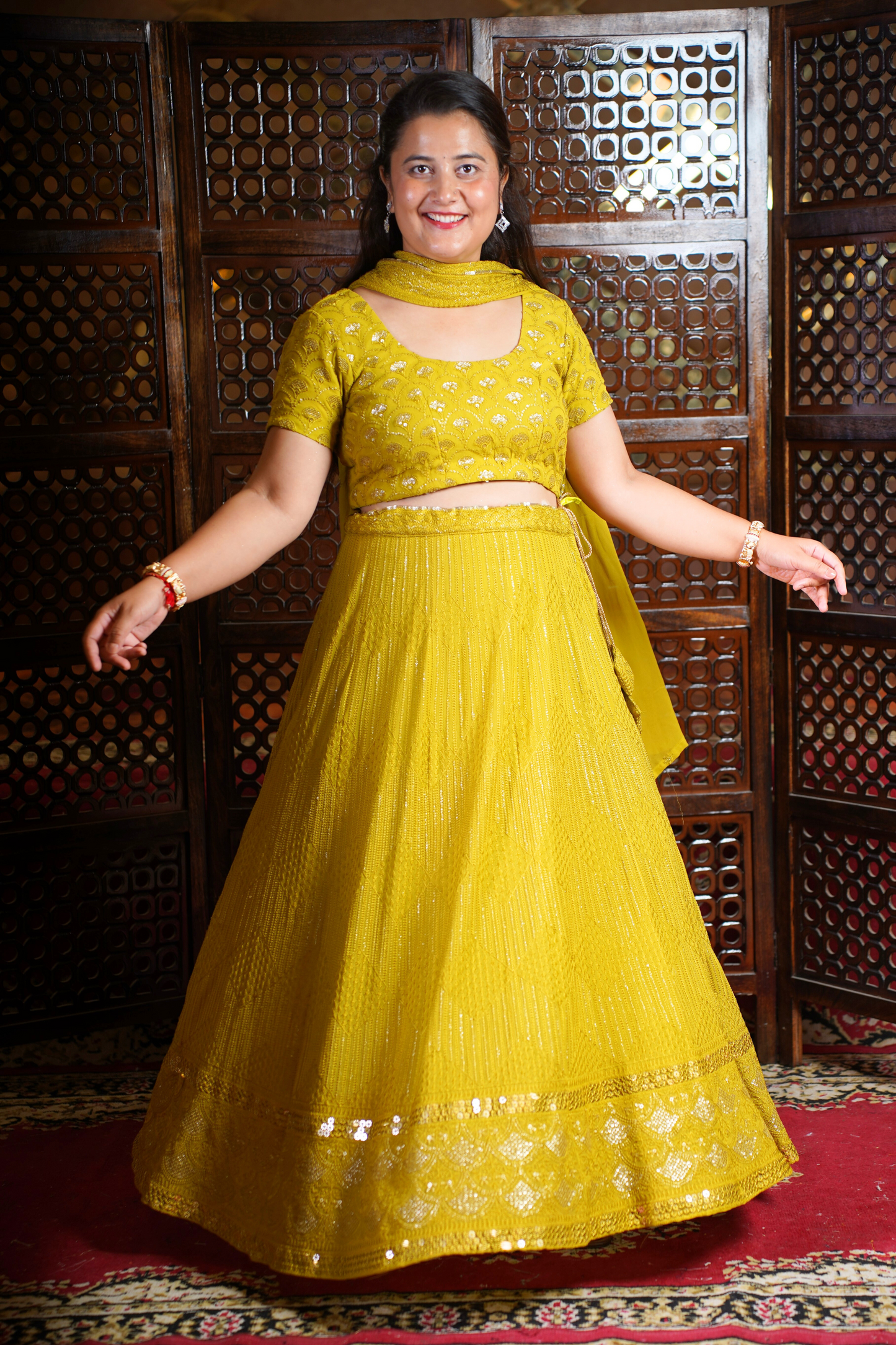 Olive Sequin Georgette Lehenga Set