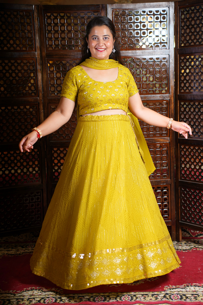 Olive Sequin Georgette Lehenga Set