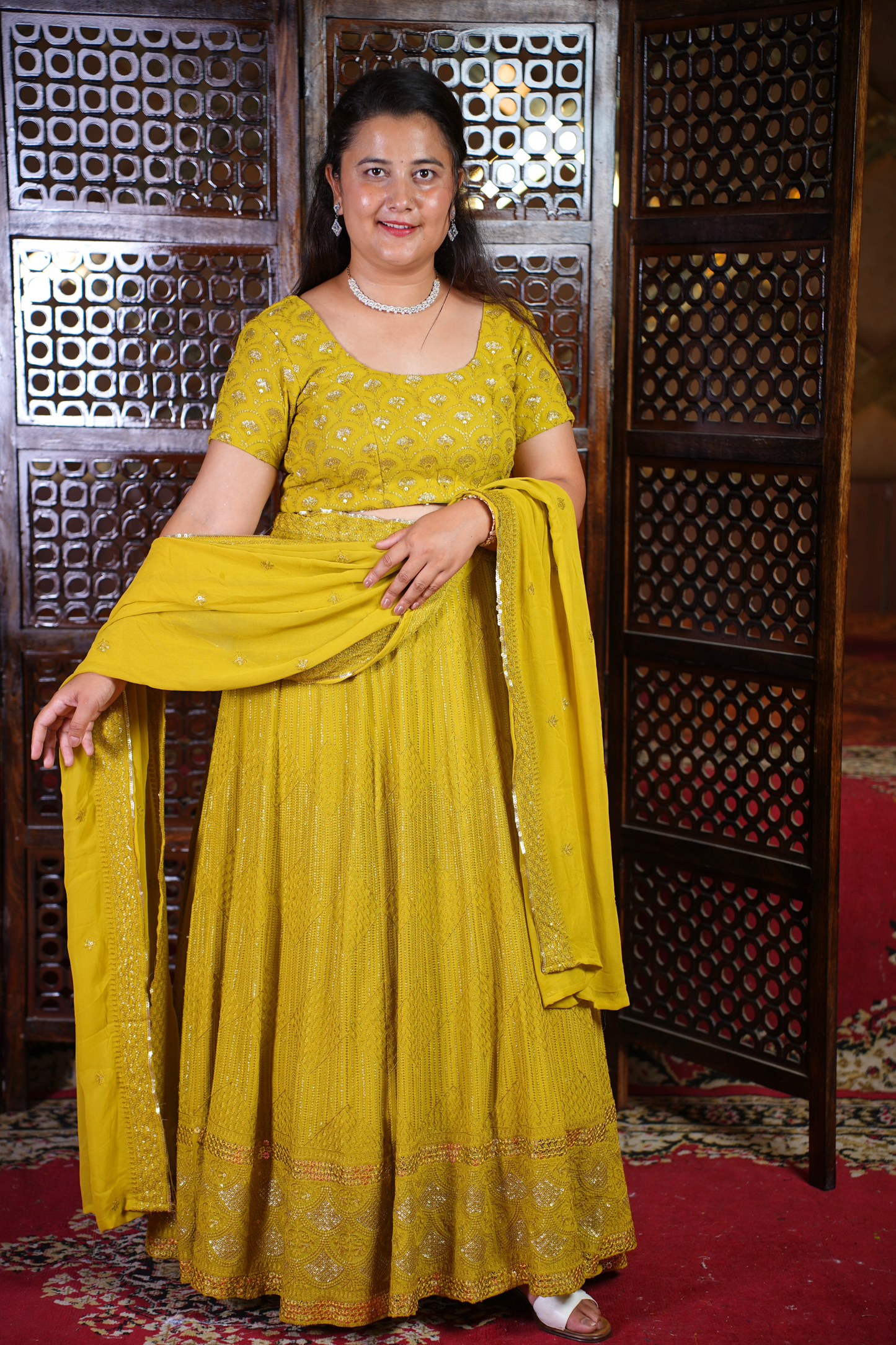 Olive Sequin Georgette Lehenga Set