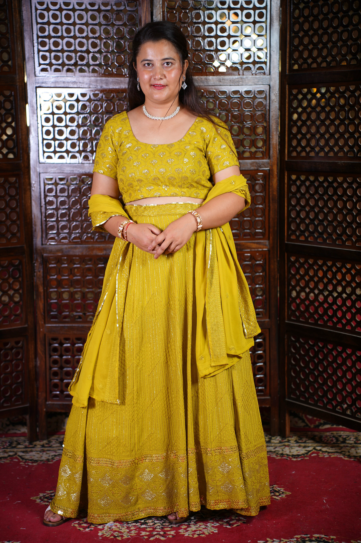 Olive Sequin Georgette Lehenga Set
