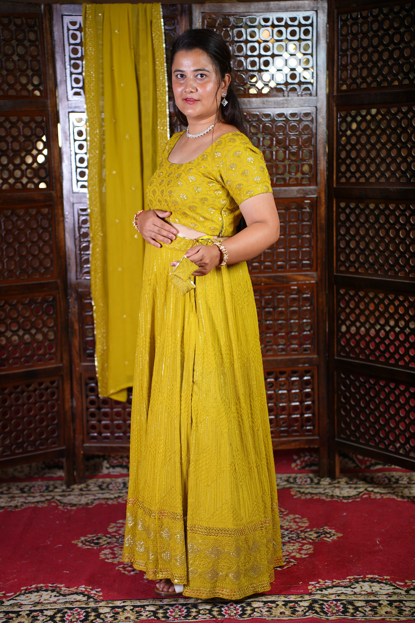 Olive Sequin Georgette Lehenga Set