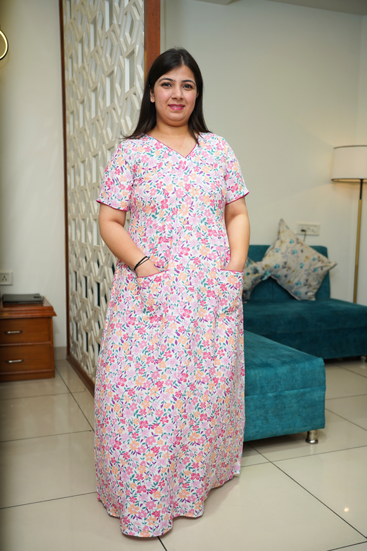 Pink Floral Rayon Night Gown
