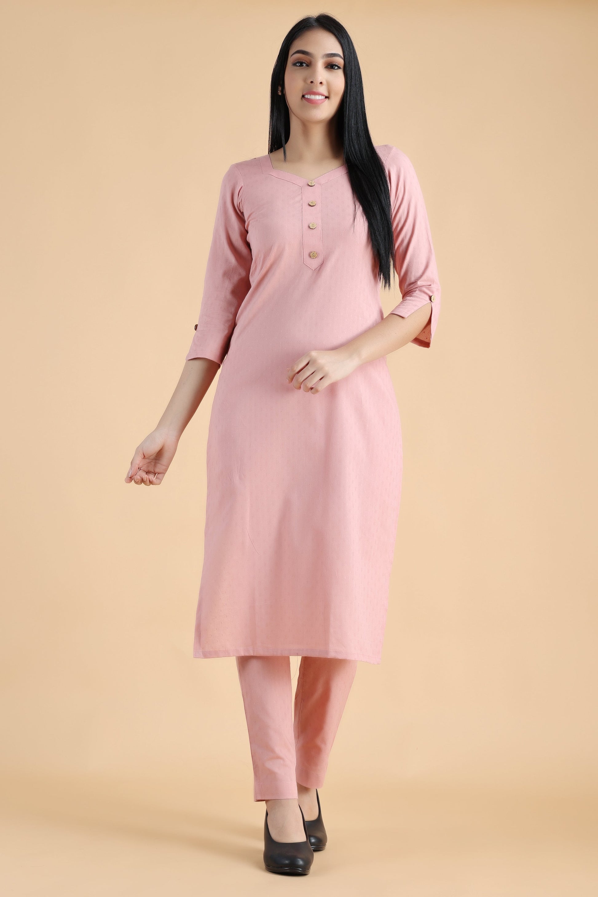 Women Plus Size Coral Pink Kurta Palazzo Set | Vilasata