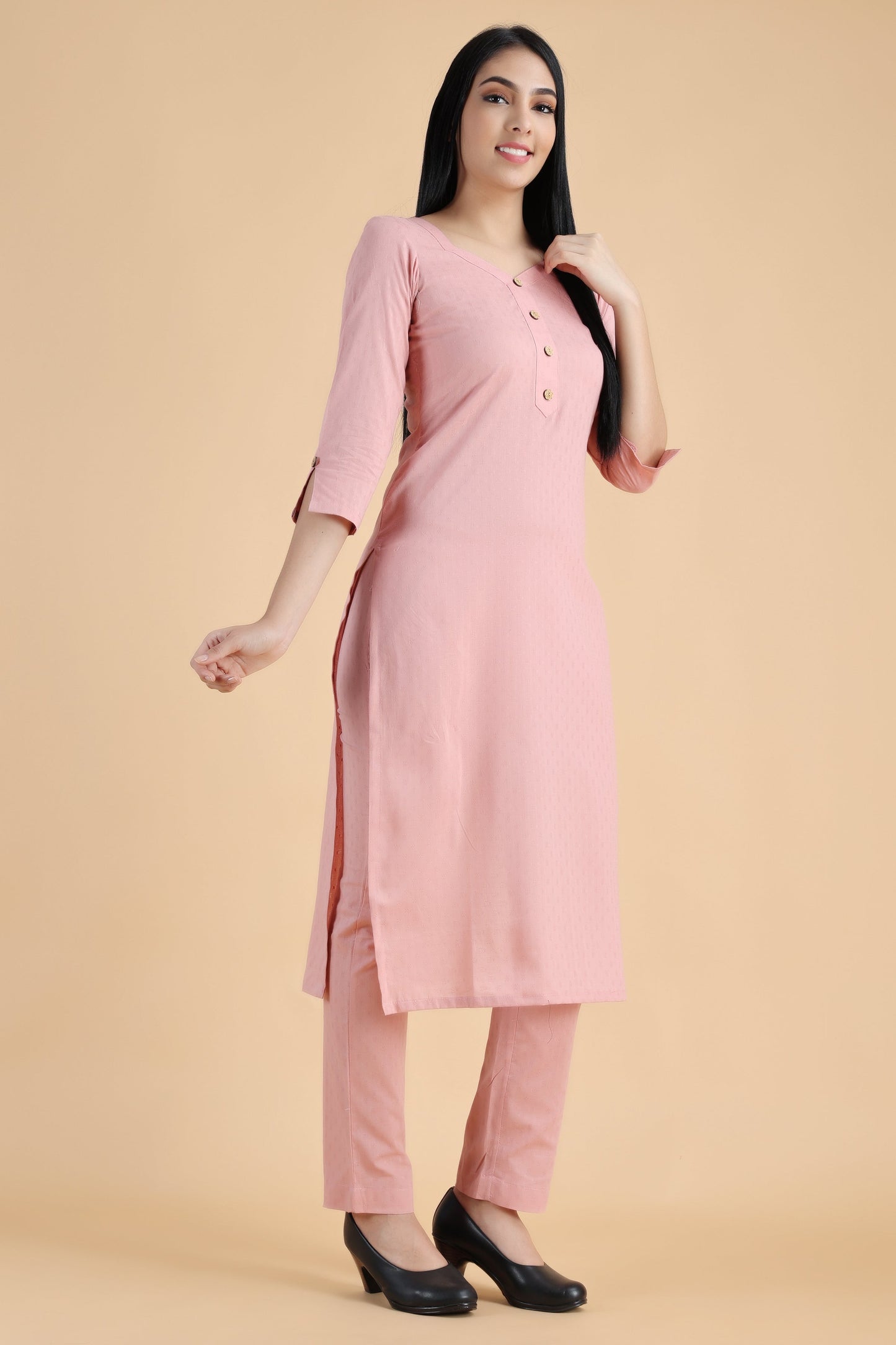 Women Plus Size Coral Pink Kurta Palazzo Set | Vilasata