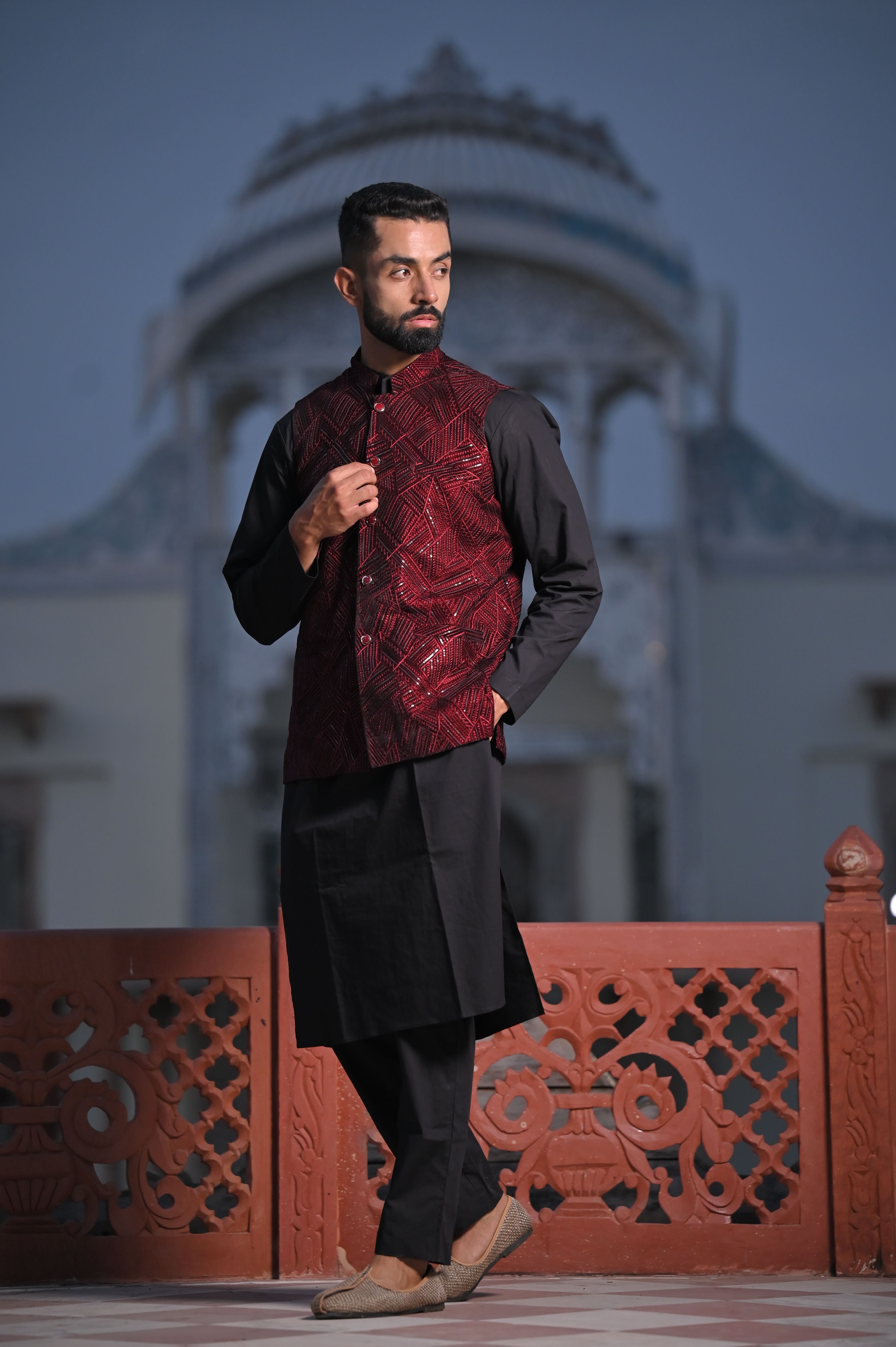 Embroidered Art Silk Kurta Jacket Set in Off White and Grey : MGV1313