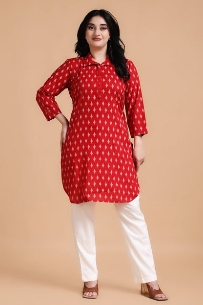 Woman Plus Size Deep Red Cotton Ikat Kurta