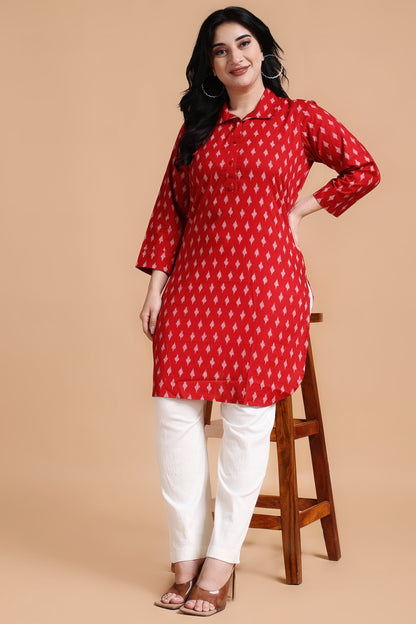 Woman Plus Size Deep Red Cotton Ikat Kurta