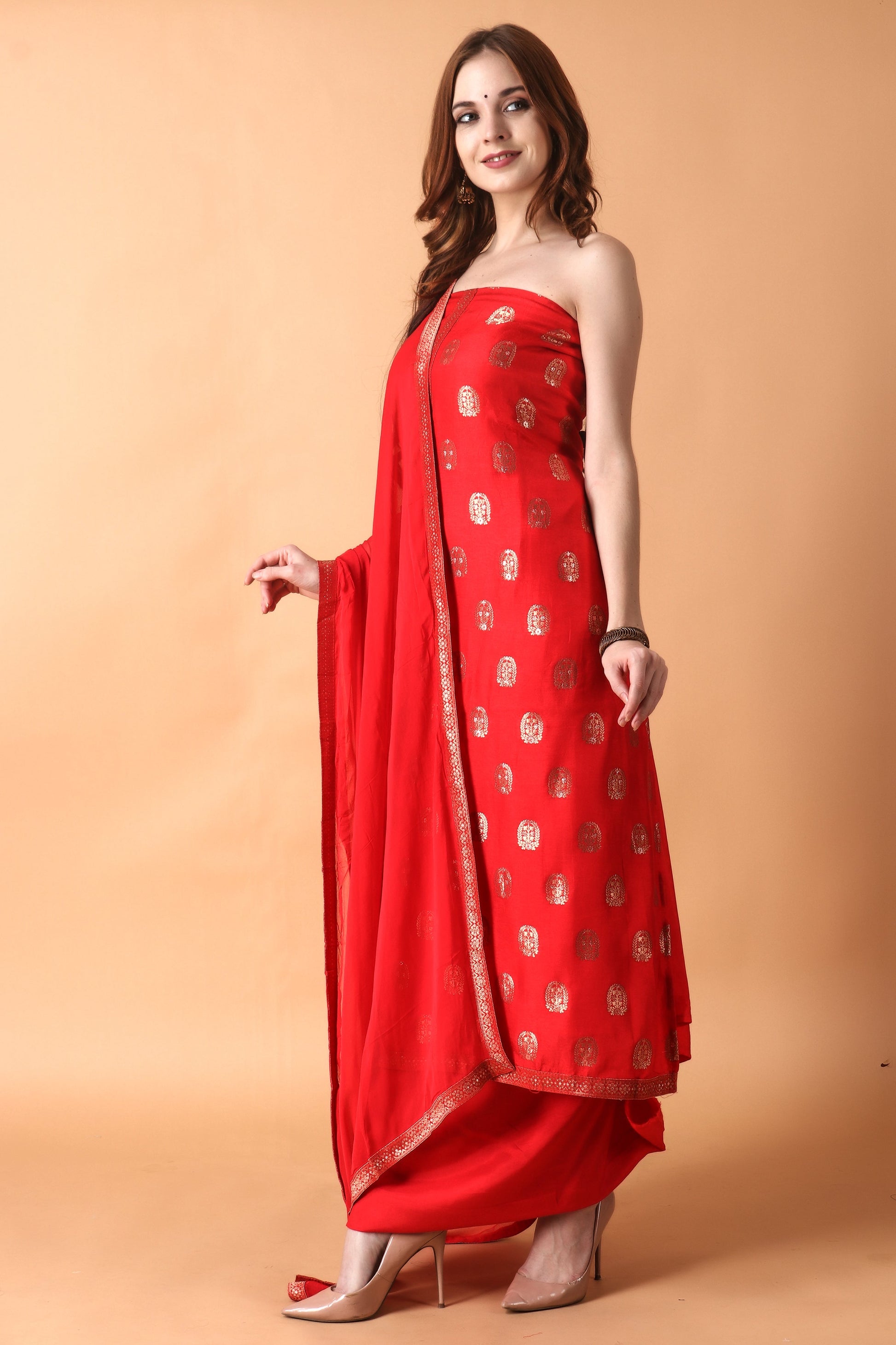 Red Banarasi Silk Suit | Vilasata.