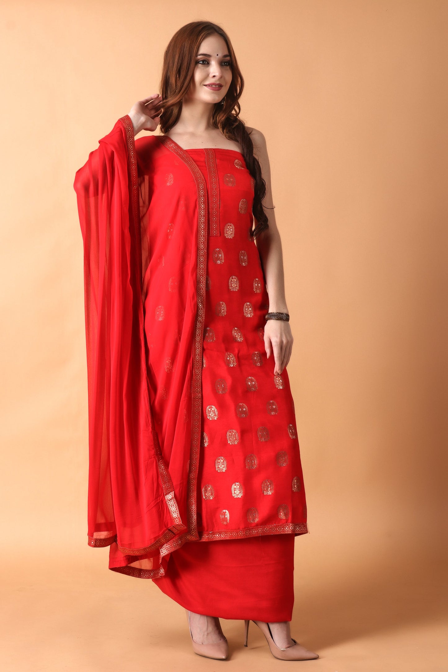 Red Banarasi Silk Suit | Vilasata.