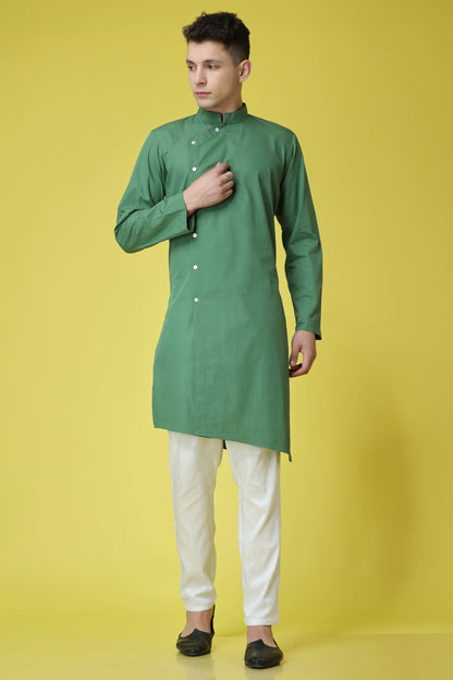 Lopsided Green Cotton Kurta Pajama
