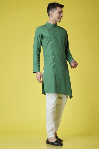 Lopsided Green Cotton Kurta Pajama