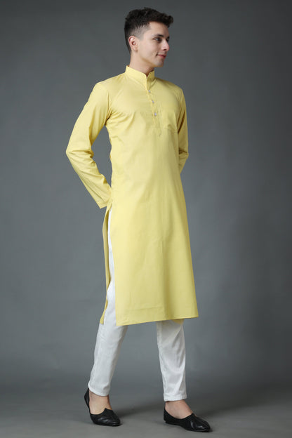 Men's Plus Size Pastel Yellow Cotton Kurta Pajama