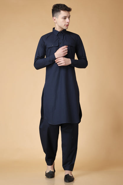 Marine Blue Cotton Pathani Suit