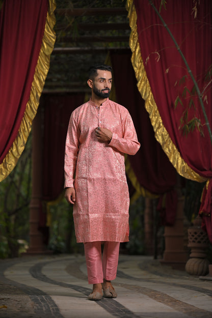Men's Plus Size Lustrous Pink Brocade Kurta Pajama