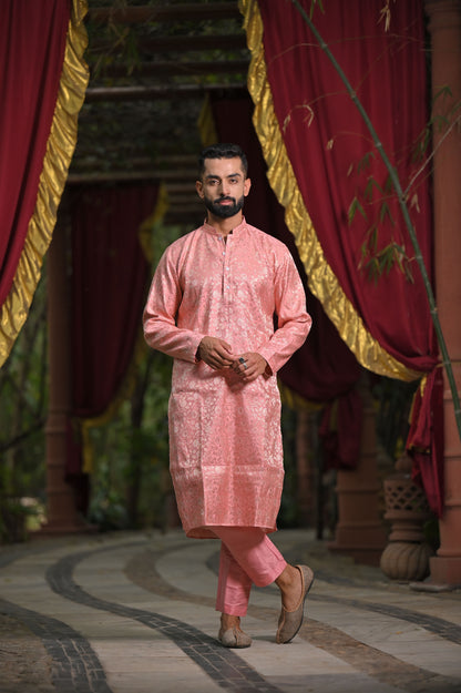 Men's Plus Size Lustrous Pink Brocade Kurta Pajama