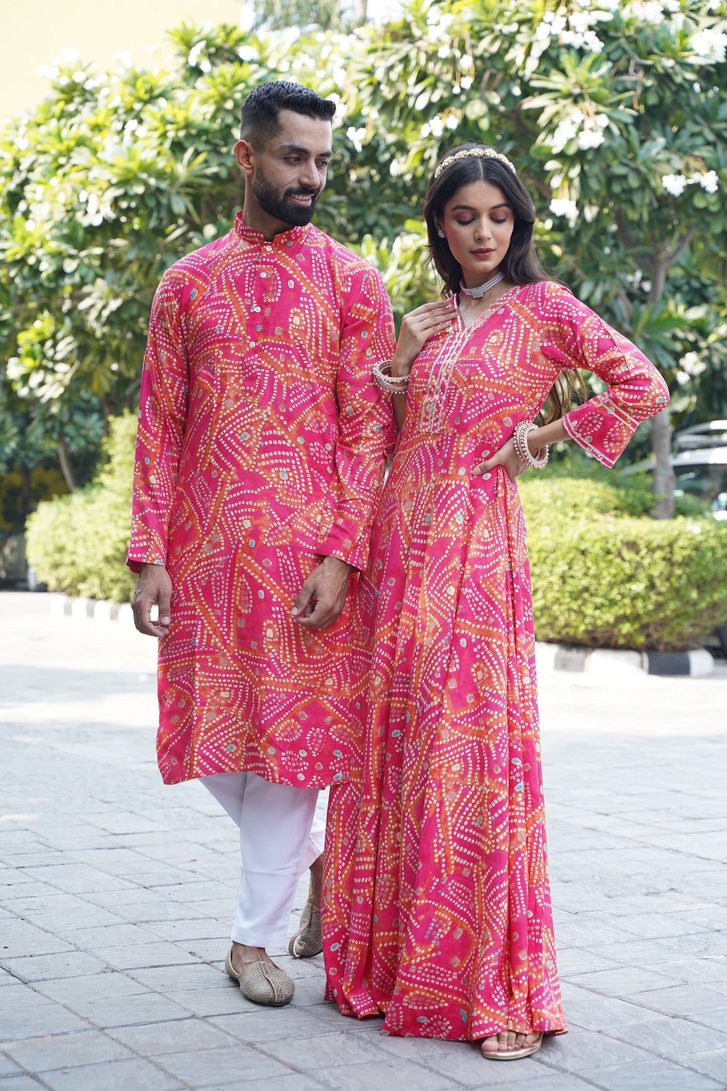 Coral Radiance Foiled Couple Dress