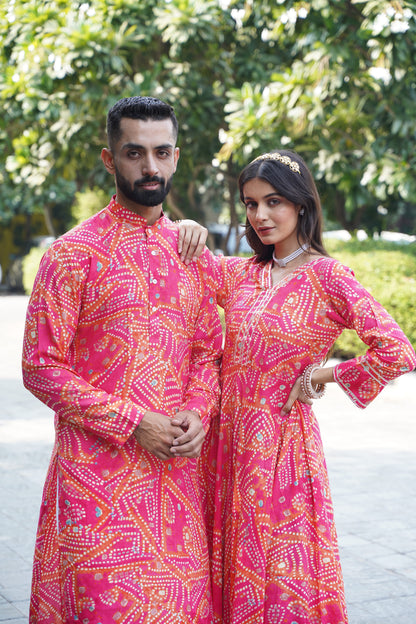 Men's Plus Size Coral Radiance Foiled Kurta Pajama
