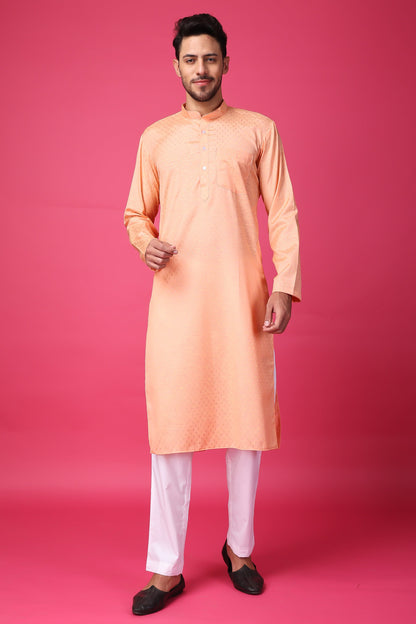 Men's Plus Size Dusky Peach Textured Kurta Pajama